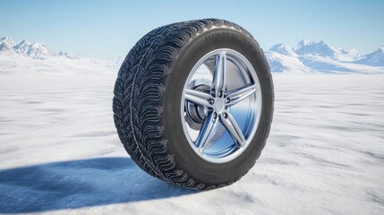 Close up of winter tire displayed on snow highlighting tire width height and wheel diameter specifications in a snowy landscape