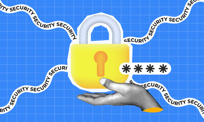halftone collage, hand holding yellow padlock, secure data password symbol, and cybersecurity awareness and protection 'Security'. digital security campaign