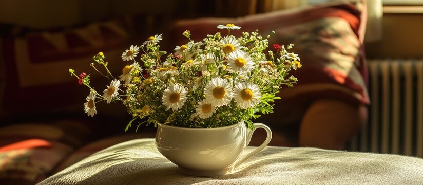 Summer flower arrangement with daisies in a white cup creating a cozy and inviting atmosphere indoors