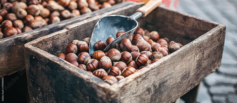 Poster chestnuts in a rustic wooden box with a metal scoop ready for roasting at a vibrant market setting