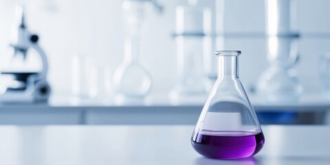 purple glass flask in blue research chemistry science banner laboratory background.