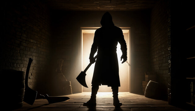 Silhouette of dangerous bandit with axe in the dark