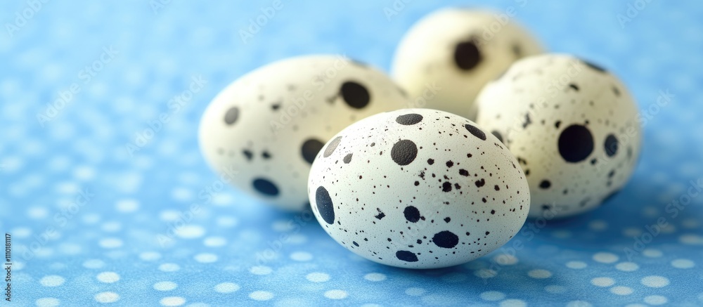 Poster easter eggs with speckled patterns arranged on a vibrant blue background for festive decoration and 