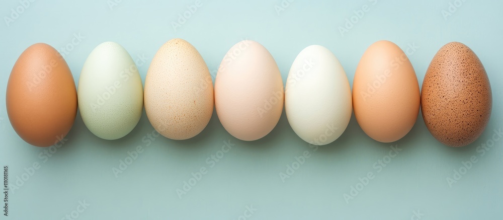 Poster colorful easter eggs arranged in a row on a soft blue background creative flat lay composition for s