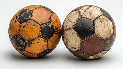 Vintage soccer balls with worn textures showcasing a classic design on a neutral background ideal for sports history and nostalgia themes.