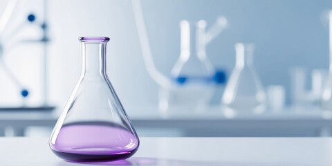 purple glass flask in blue research chemistry science banner laboratory background.