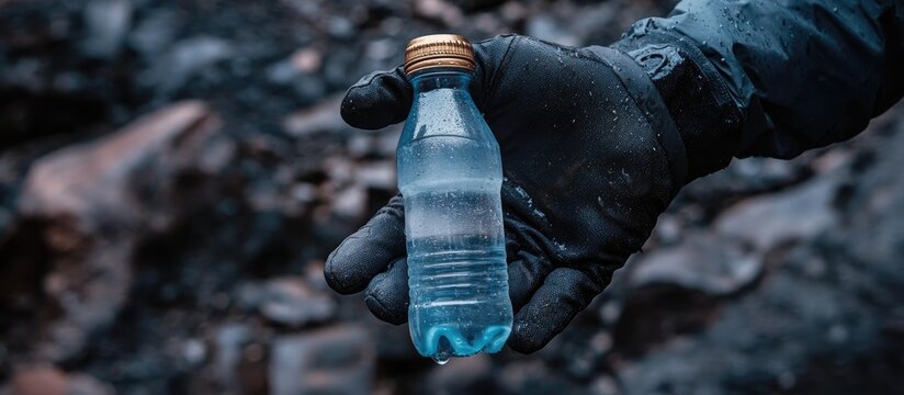 Cyclist holding an open bottle of water in a rugged outdoor setting wearing gloves promoting hydration and outdoor adventure