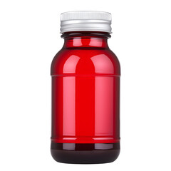Red glass bottle with a silver cap, isolated on white background, featuring a smooth finish and clear design for beverages.