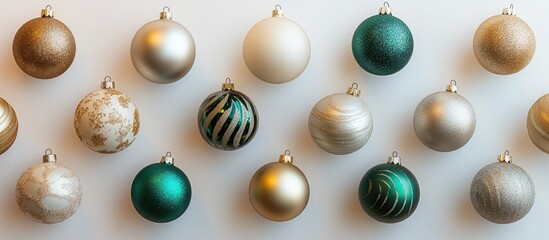 Christmas decorative balls in various colors and textures arranged artistically on a clean white background for festive decorations.