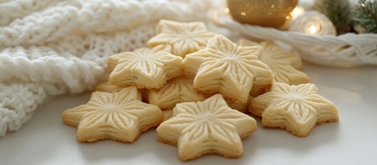 Christmas shortbread cookies in star shapes arranged with a knitted blanket and festive ornaments in a cozy holiday setting