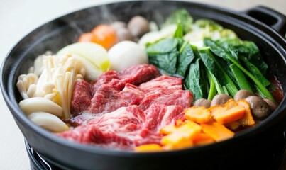 Japanese Shouxi hot pot, traditional cast iron pot, the side dishes in the pot are snowflake beef slices, baby vegetables, spinach, shiitake mushrooms, chopped onions, no other side dishes