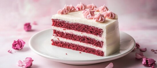 Delicious Red Velvet Cake Slice with Pink Frosting on White Plate Decorated with Rose Petals