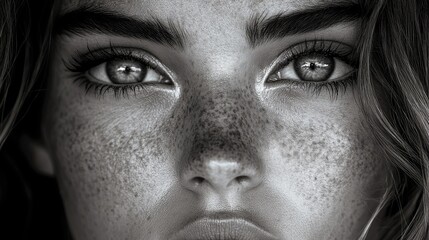 Fototapeta premium Monochrome portrait capturing the striking features and beauty of a young woman with captivating eyes and radiant skin clarity