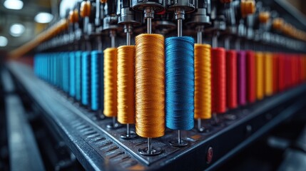 Embroidery machine with colorful threads showcasing textile manufacturing process in an industrial setting.