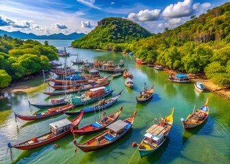 Obraz premium Aerial View of Vibrant Thai Long-Tail Fishing Boats Moored in a Scenic Port by the Southern Sea of Thailand, Capturing the Essence of Traditional Maritime Culture