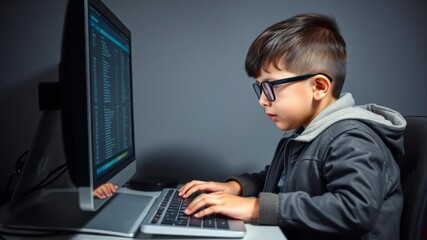 Tech savvy boy in a stylish jacket and glasses sitting in front of a computer screen, typing on the keyboard, computer, typing