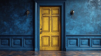 Vibrant yellow door on textured blue wall with antique lighting