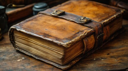 Close up of an ancient brown leather-bound book with clasps and yellowed pages resting on a rustic wooden surface