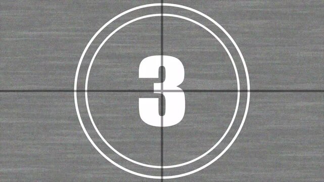 4K old-fashioned film countdown animation 3 to 1 seconds. Film Leader Countdown, 5 Seconds Vintage Movie Countdown Film Reel, Imitation of an Old Movie with Noise and Scratches