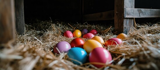 Colorfully decorated Easter eggs nestled among hay, creating a festive springtime atmosphere and evoking joyful holiday traditions.