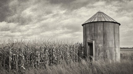 Rustic grain bin beside a towering corn field under a dramatic sky in vintage black and white ambiance