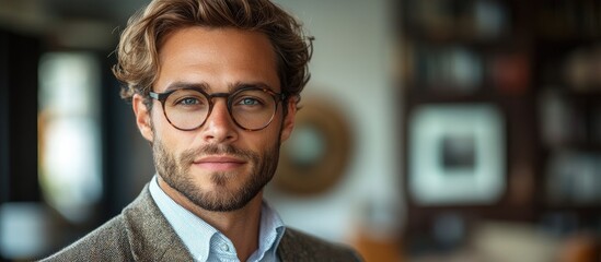 Confident young businessman in stylish attire holding tablet showcasing modern technology in professional environment