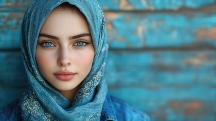 Beautiful young woman in a hijab and denim jacket with captivating eyes posing against a textured blue background with ample copy space