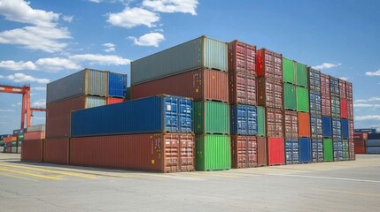 Fototapeta premium Cranes and colorful shipping containers stacked at a bustling port under a clear blue sky