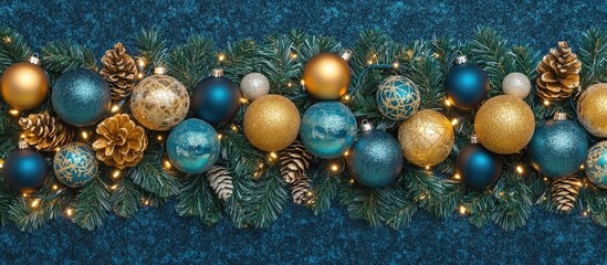 Elegant holiday decoration featuring blue and gold ornaments with pine cones and twinkling lights on a textured backdrop flat lay scene