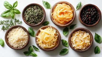 Composition of various pasta types herbs and spices arranged in wooden bowls on a bright surface with fresh basil leaves for culinary presentation