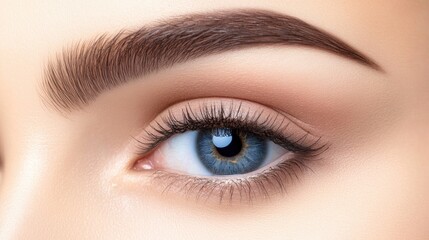 Obraz premium Macro shot of a female eye showcasing intricate details of iris lashes and brow structure in soft natural lighting.