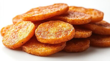 Crispy fried potato slices stacked on a white background showcasing delicious golden texture and appetizing appeal for culinary use.