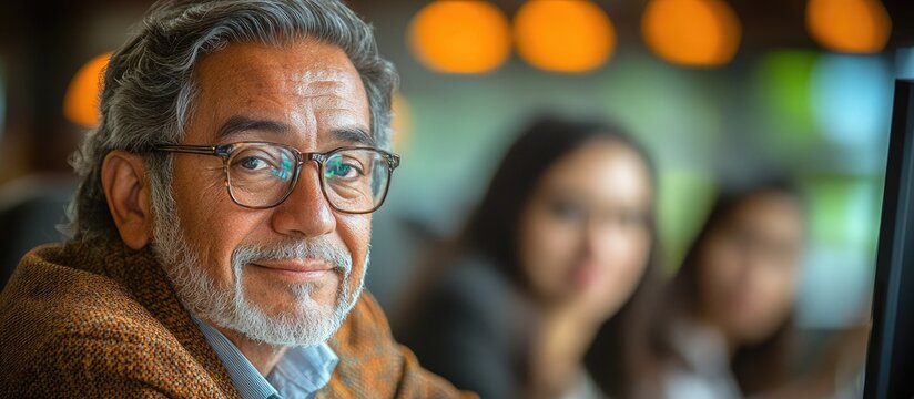 Collaborative Hispanic business team in modern office with senior leader guiding focus on computer screen for productive discussion - Powered by Adobe