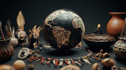 A striking visualization of cultural exchange with a globe surrounded by diverse cultural artifacts, representing global interconnectedness and cultural appreciation, minimalist composition