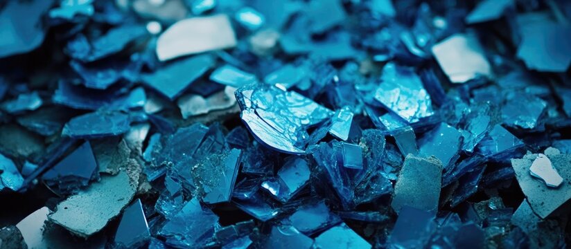 Shattered blue Christmas ornament fragments creating a vibrant mosaic of glass pieces in various shades of blue and silver.