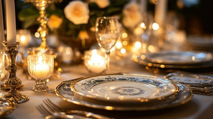 Fototapeta premium A table with a variety of silverware and plates, including a blue