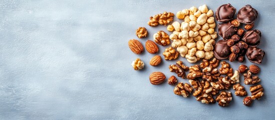 Obraz premium Assorted homemade chocolate-covered nuts including walnuts and almonds arranged in a flat lay on a light blue backdrop with space for text