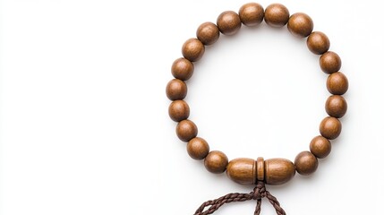 Obraz premium Wooden circular prayer beads on a white background with ample copy space for meditation and spirituality concepts