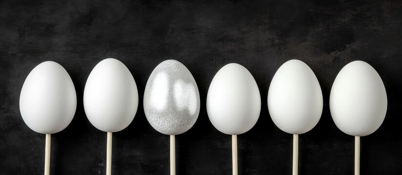 Elegant Easter display of white eggs on sticks with silver accents arranged against a dark background ideal for festive seasonal promotions