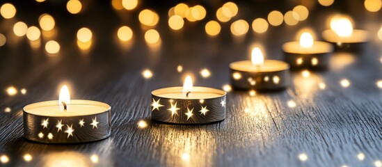 Warm holiday candles with soft glow and festive bokeh lights creating a serene Christmas atmosphere on wooden surface.