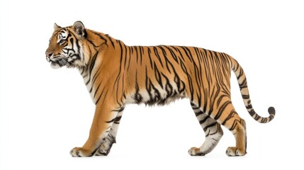 Obraz premium Side profile of a majestic tiger walking against a white background showcasing its striking stripes and powerful build