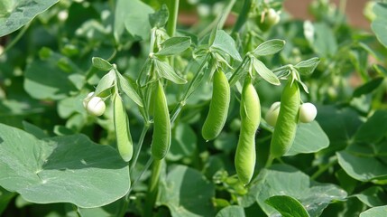 Vibrant pea plants with green pods thriving in a lush agricultural field under natural sunlight