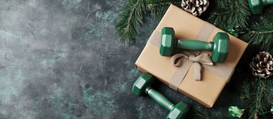 Green dumbbells beside a kraft paper gift box on a textured background surrounded by pinecones promoting fitness gifts for winter season