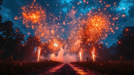 Vibrant fireworks illuminating the night sky during a festive celebration along a serene pathway.