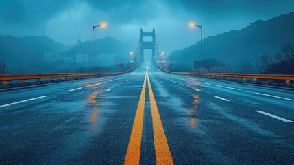 Obraz premium Mysterious empty freeway with illuminated street lights and bridge towers under a moody night sky and wet road reflections
