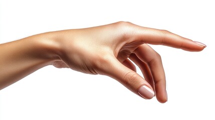 Elegant female hand reaching forward with two fingers poised to grasp an unseen object against a clean white background