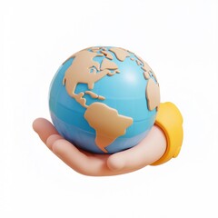 Fototapeta premium Hand Holding 3D Cartoon-Style Globe Icon on Minimalist White Background
