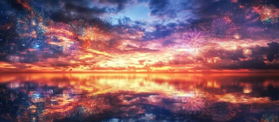 Fototapeta premium Colorful fireworks display reflecting on a tranquil lake under a dramatic night sky with vibrant hues and cloud formations