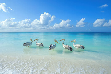 Pelicans Resting on a Pristine Beach