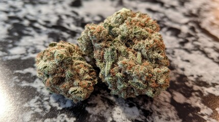 Detail view of two large cannabis buds on a textured surface showcasing their trichomes and vibrant colors in natural lighting